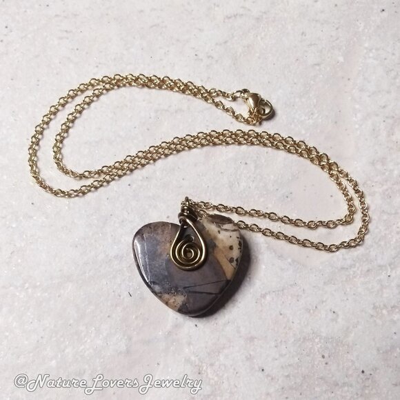 Handmade Zebra Jasper Heart Pendant – Minimalist Necklace for Fall Boho Style - Picture 1 of 7